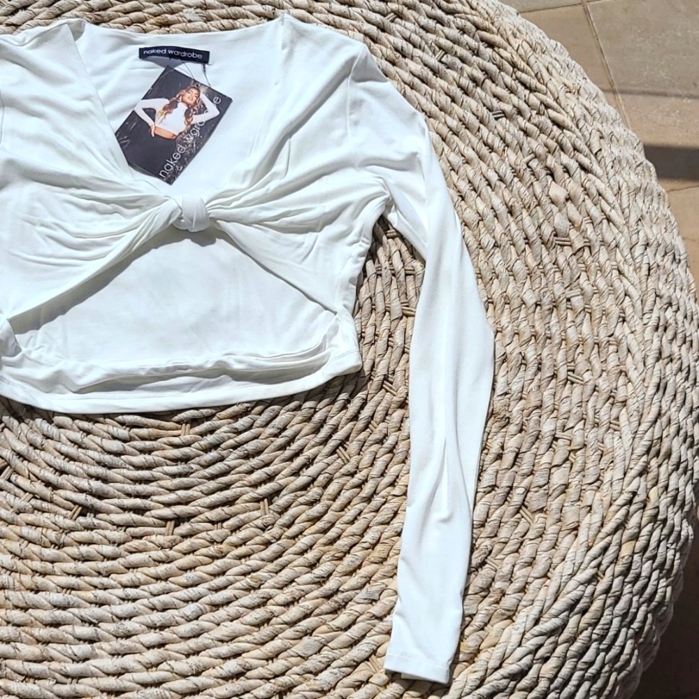 naked wardrobe White Long Sleeve Twist Front Crop Top - Picture 4 of 8